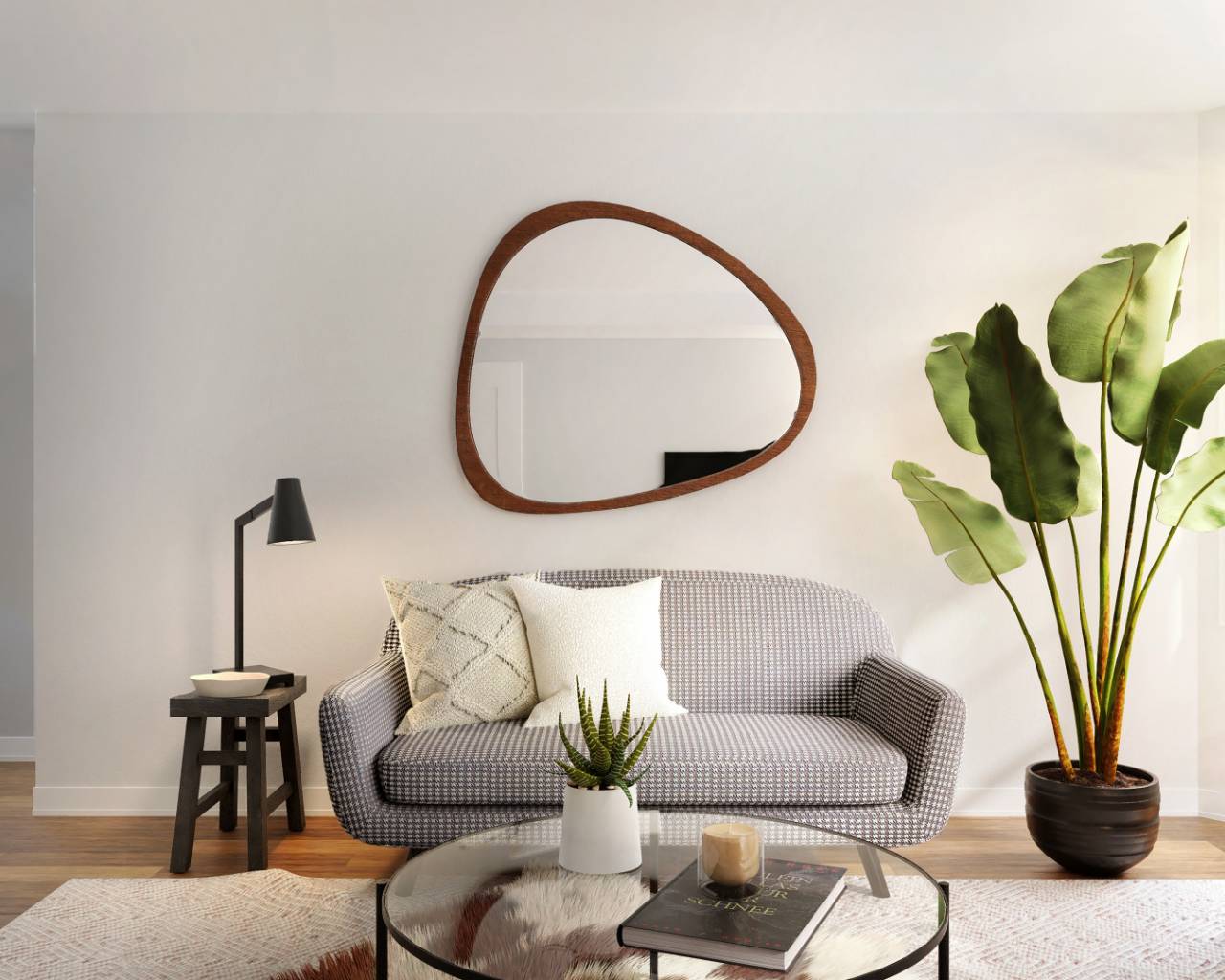 hang a mirror in the living room to make the room look larger